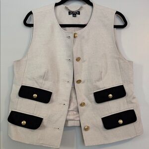 J. Crew Women's Beige and Navy Blue Vest with Gold Buttons